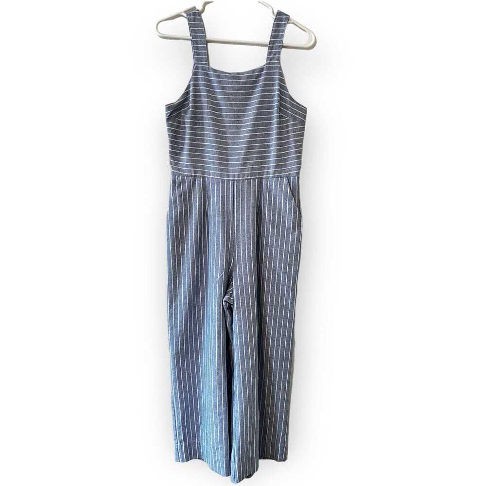 Sugar Lips Small Linen Cotton Jumpsuit Blue White Stripes Sleeveless Lined